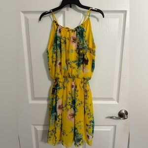 Yellow mini dress with pink and green flowers